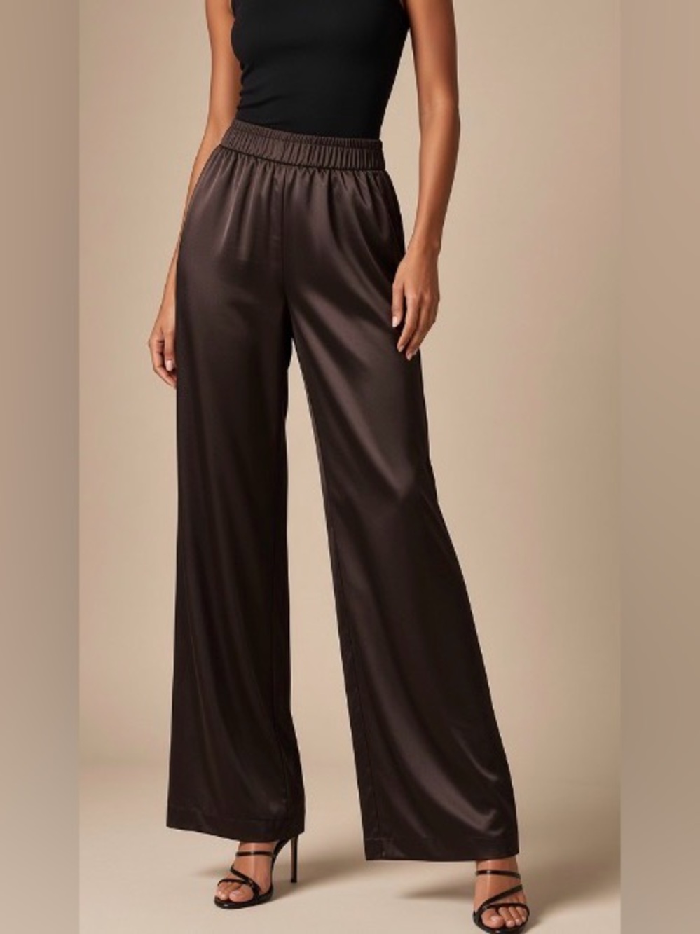 LOFT Brown Elastic-Waist Wide-Leg Satin Pants: Medium